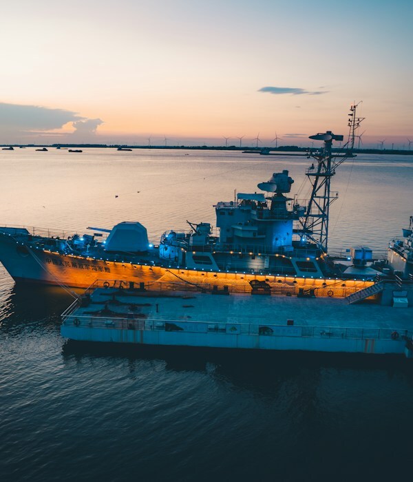 Battleship at harbor