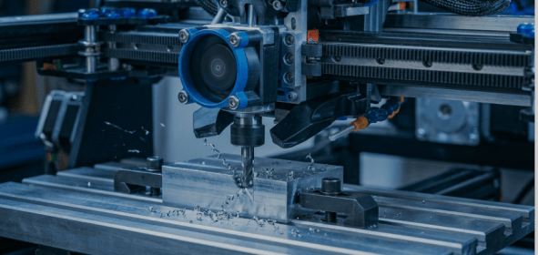Automated CNC milling machine tool spindle precision machining a custom metal part prototype