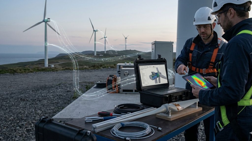 Field engineers analyzing structural wind turbine mechanics and heat maps on a digital tablet and CAD software laptop
