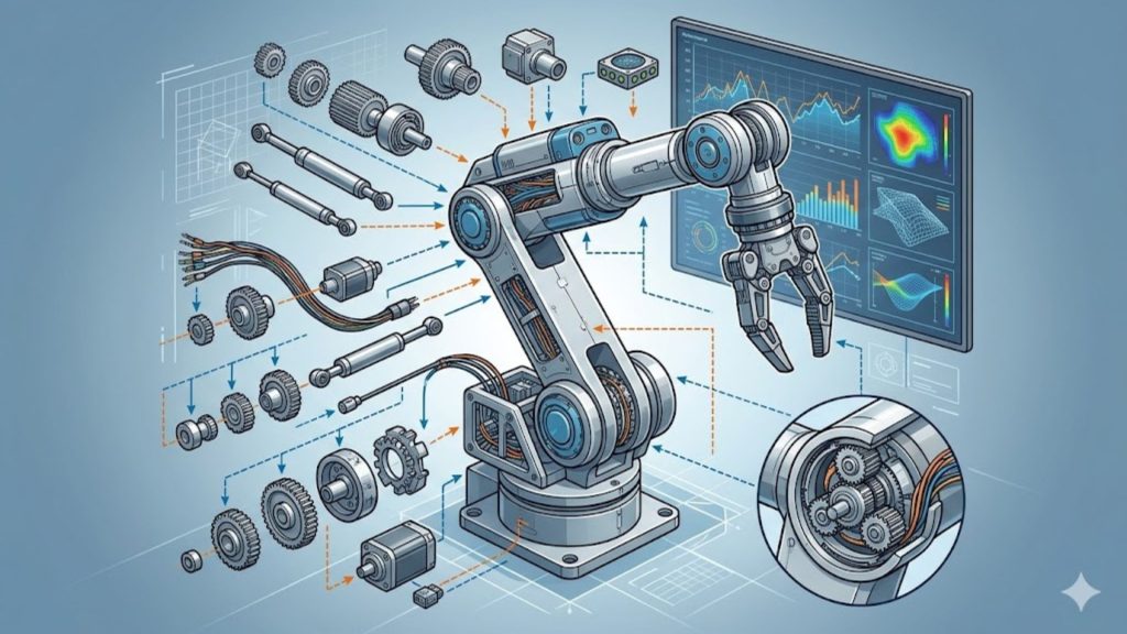 Detailed technical illustration of a robotic arm assembly and exploded view diagram showing mechanical CAD design optimization