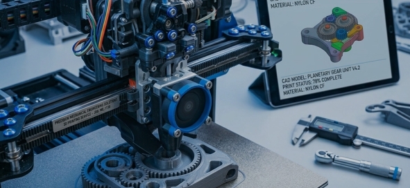 Industrial FDM 3D printer manufacturing a functional nylon carbon fiber planetary gear unit prototype next to a CAD design screen
