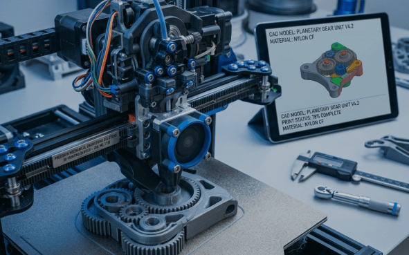 Industrial FDM 3D printer manufacturing a functional nylon carbon fiber planetary gear unit prototype next to a CAD design screen
