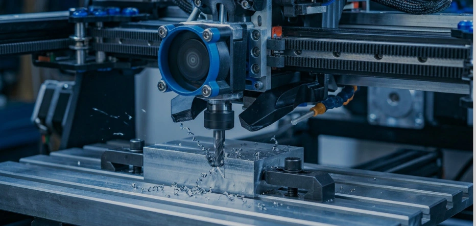 Automated CNC milling machine tool spindle precision machining a custom metal part prototype